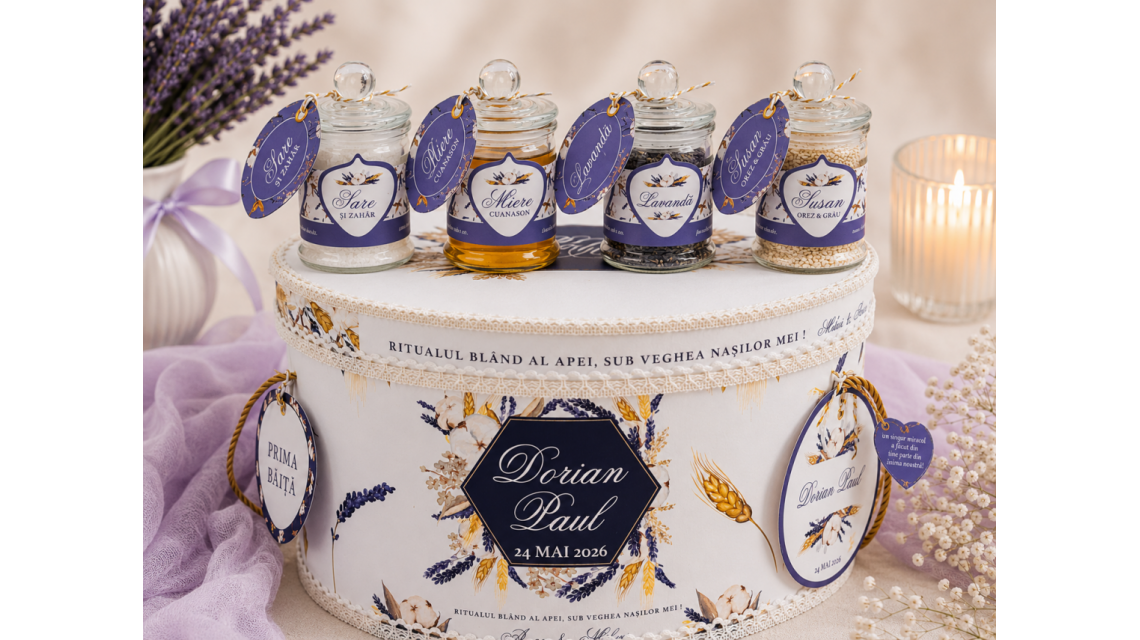 Set Prima Băiță după Botez Lavandă si Grâu Ritualul Blând al Apei cu Nașii Personalizat pentru Băieți 12